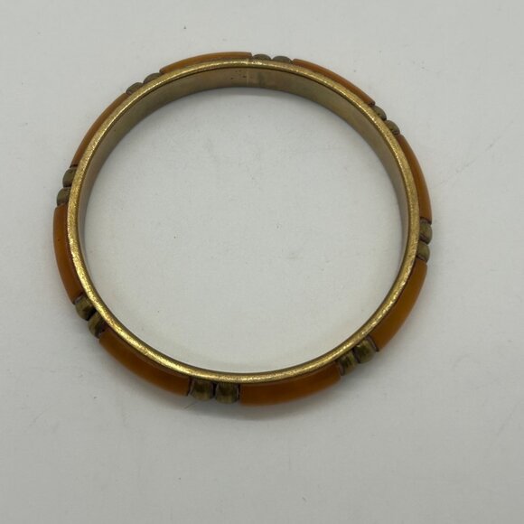 Vintage Brass & Amber-Colored Acrylic Bangle Bracelet 8 Inch Boheium - Picture 4 of 8